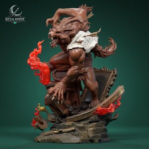 May include: A brown werewolf figurine in a dynamic pose, wearing a torn white shirt with an arrow protruding from the back. The creature stands on a rocky base with translucent orange flames, a wooden chest, and a decorative frame element.