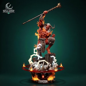 May include: A red-skinned horned figure statue standing on a ruined city base, holding a long staff aloft. The base features flames, lightning effects, and the text TRIGON. The figure wears a tattered loincloth and has long white hair.