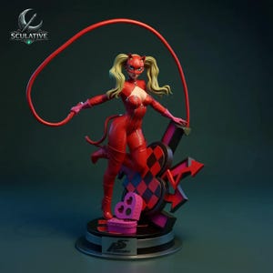 May include: A red figurine of a character in a catsuit, holding a whip. The figure has blonde pigtails and a cat-ear mask. The base features a heart, arrows, and the text "Persona 5". The figurine is approximately 12 inches tall.