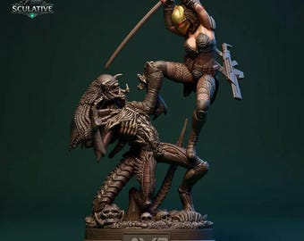 Machiko Alien vs Predator STL File for 3D Printing – 250mm Sci-Fi Battle Statue – Hunter vs Creature Figure – Resin STL Digital Download