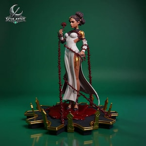 May include: A detailed figurine of a woman in a white dress, holding a red rose. The figure is adorned with gold accents and surrounded by thorny vines. The base is black and gold, with the word "SCULATIVE" in the upper left corner.