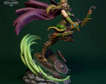 May include: A detailed figurine of an archer in green and gold armor, with a purple cape, aiming a bow. The figure is mounted on a base with a stylized green wave, a shield, and an axe. The logo "SCULATIVE" is in the upper left corner.