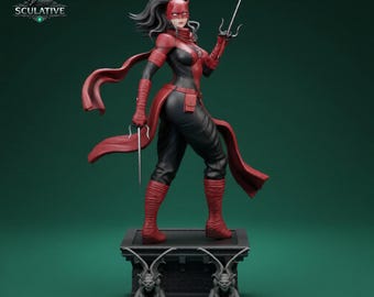 女性暗殺者忍者 STL ファイル | 二刀流サイ戦士女性像 | 3D プリント可能なフィギュア | コミックスタイルの戦闘モデル |