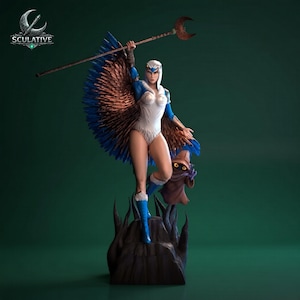 May include: A detailed figurine of a female character in a white and blue bodysuit, with large feathered wings. She holds a staff with a crescent moon at the top. A small, brown creature stands at her feet. The logo "SCULATIVE" is in the upper left corner.