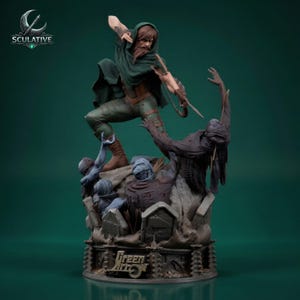 May include: A detailed statue of the Green Arrow in action, with a green hooded cloak and bow. The base features the words "Green Arrow" and the logo of "Sculative". The statue is set against a dark green background.