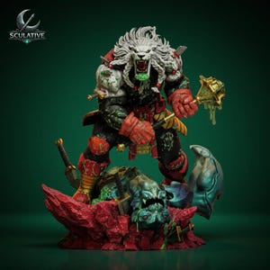 May include: A detailed fantasy figurine featuring a white-maned lion-headed warrior in red and black armor, holding a gold mace covered in green slime. The warrior stands over a defeated creature on a jagged red rock base with swords embedded in it.