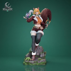 May include: A detailed figurine of a female character with squirrel-like features, including ears and a large tail. She wears a brown jacket, shorts, and boots, holding a small purple creature. The base is a rock formation with green foliage. The logo "SCULATIVE" is in the upper left corner.