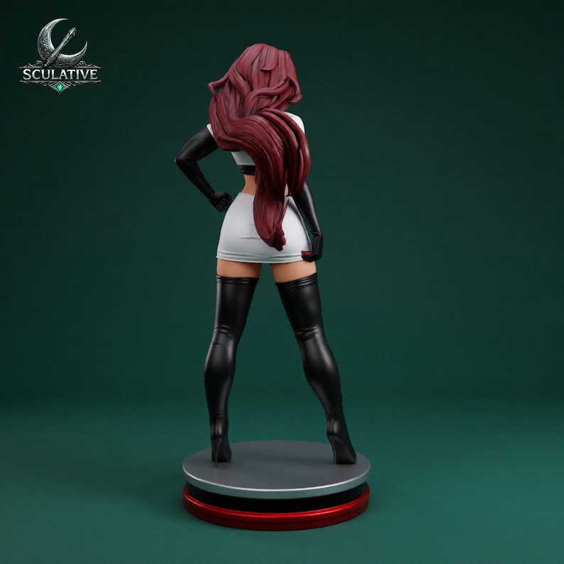 May include: A figurine of a woman with long, red hair, wearing a white mini-skirt, black gloves, and black thigh-high boots. The figurine is standing on a gray and red circular base. The logo "SCULATIVE" is in the upper left corner.