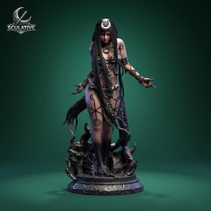 May include: A detailed resin figurine of a long-haired figure with a crescent moon headpiece, wearing dark, intricate armor with chain accents and circular leg markings. The figure stands on a circular base with etched symbols, featuring the SCULATIVE logo.