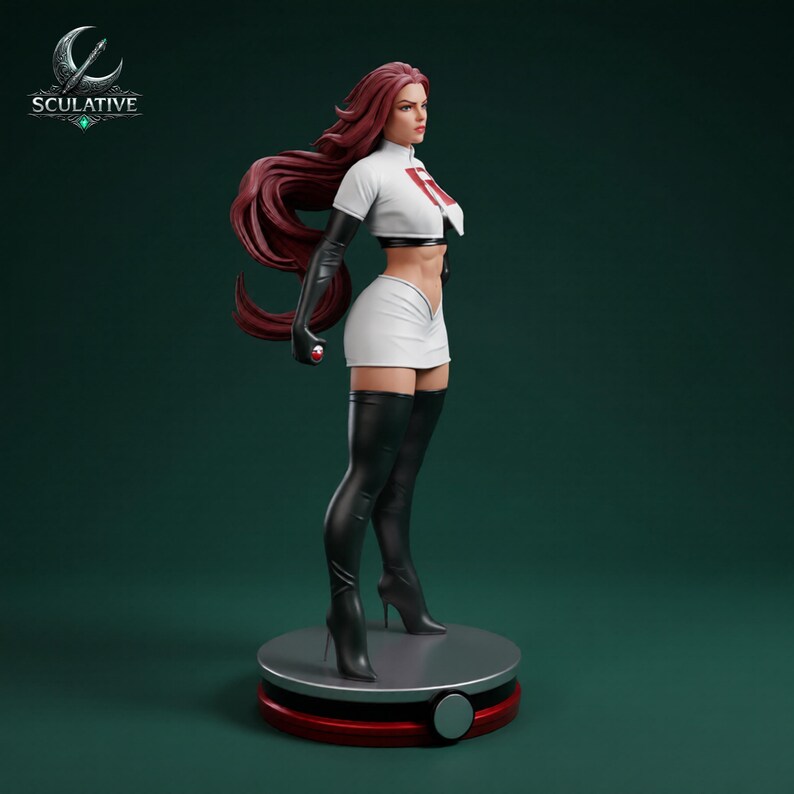 May include: A detailed figurine of a character in a white crop top with a red "R" logo, a matching skirt, and black thigh-high boots. The figure has long red hair and is standing on a round platform with a red base. The logo "SCULATIVE" is visible.