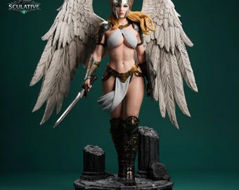 翼を持つヴァルキリーのSTLファイル、ファンタジーエンジェル戦士フィギュアSTL、3Dプリントモデル、レジン像、ガレージキット、1/6スケール、デジタルダウンロード