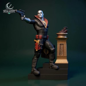 May include: A detailed statue of a bald character in a black and red uniform, holding a gun. The figure stands on a black base with a gold and brown decorative pillar to the right. The statue has a metallic silver head and is from the brand "Sculative".