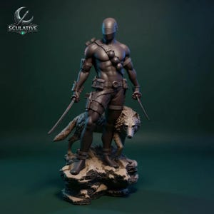 May include: A dark gray statue of a masked figure holding two swords, standing with a wolf on a rocky base. The figure is wearing tactical gear. The logo "SCULATIVE" is in the upper left corner.