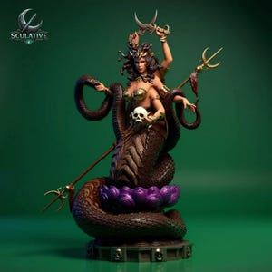 May include: A detailed statue of Medusa, a mythological figure, with a snake-like lower body and multiple arms. She holds weapons and a skull, with a lotus flower base. The statue is brown, gold, and purple, with the word "SCULATIVE" in the upper left corner.