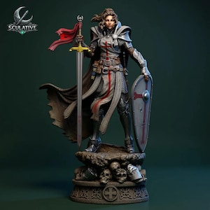May include: A detailed figurine of a female knight in silver armor, holding a sword and shield with a red cross. She stands on a base with skulls and a cross design. The figure has a red sash and cape. The logo "SCULATIVE" is in the upper left corner.