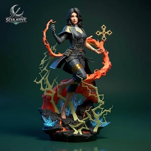 May include: A detailed figurine of a woman in a dark outfit, holding a fiery element and a golden cross. The figure is standing on a rocky base with blue crystal accents. The sculpture has the word "SCULATIVE" in the upper left corner.