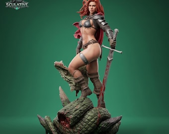 レッドソニア STLファイル | ファンタジー戦士 3Dプリントモデル | 女性バーバリアン像 | サポート材付き樹脂製ミニチュア | コレクタブルフィギュア