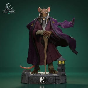 May include: A detailed figurine of an anthropomorphic rat character wearing a dark purple robe and a long white beard. The figure holds a wooden staff, stands on a stone base with a yin-yang symbol, and features a small lantern with yellow light.