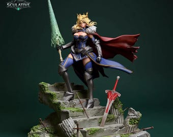 May include: A detailed figurine of a female warrior in blue and silver armor, holding a green spear. She stands on a stone staircase with a red sword and the "SCULATIVE" logo. The figure wears a red cape and a gold crown.