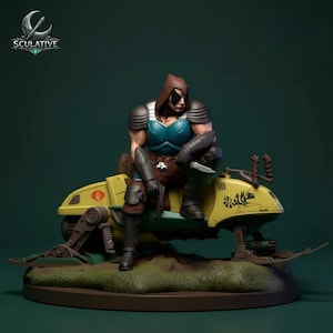 May include: A detailed figurine of a character in a hooded brown cloak and teal armor, seated on a yellow snowmobile. The snowmobile has a Cobra logo and a stylized design. The figurine is on a green base with the word "Sculative" in the upper left corner.