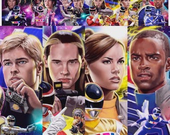 Könnte beinhalten: Eine lebendige digitale Illustration mit einer Collage von Charakteren aus Power Rangers in Space. Das Kunstwerk zeigt mehrere menschliche Figuren neben ihren kostümierten Gegenstücken in verschiedenen Farben vor einem kosmischen Hintergrund.