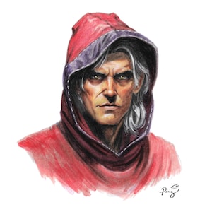 K&ouml;nnte beinhalten: Eine detaillierte Illustration einer Person mit silbernem Haar, die ein tiefrotes Kleidungsst&uuml;ck mit Kapuze tr&auml;gt. Die Figur hat einen ernsten Ausdruck, markante Gesichtsz&uuml;ge und helle Augen. Das Kunstwerk ist unten rechts vom K&uuml;nstler signiert.