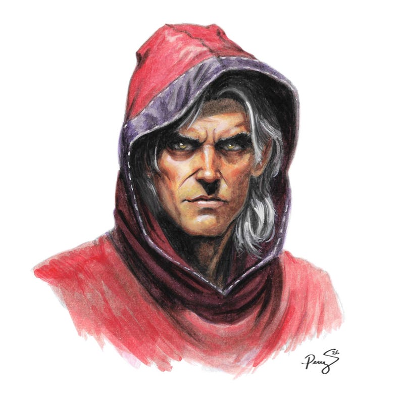 K&ouml;nnte beinhalten: Eine detaillierte Illustration einer Person mit silbernem Haar, die ein tiefrotes Kleidungsst&uuml;ck mit Kapuze tr&auml;gt. Die Figur hat einen ernsten Ausdruck, markante Gesichtsz&uuml;ge und helle Augen. Das Kunstwerk ist unten rechts vom K&uuml;nstler signiert.