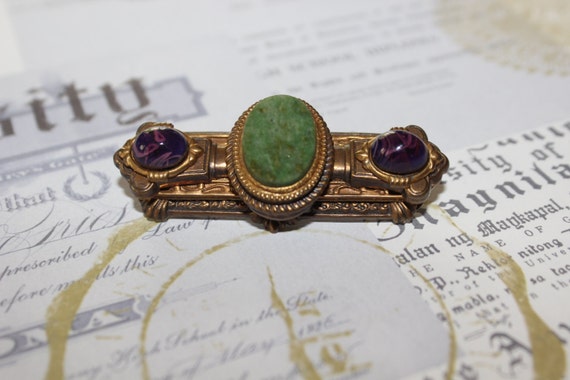 Vintage cabochon amethyst and jade victorian revi… - image 1