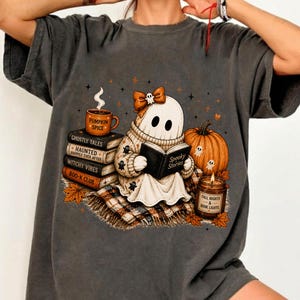 Ghost Reading Book Shirt, Cute Ghost Reader Tee, Spooky Book Club Sweatshirt, Fall Ghost Outfit, Halloween Bookish Gift, Bow Ghost Tee