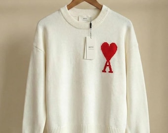 AMI Paris Inspiriert Rot Herz Wolle Strickpullover Handgemacht