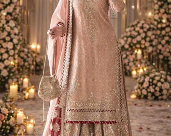Handmade Peach Embroidered Sharara Suit | Custom Wedding Salwar Kameez | KaloraFashionStudio Artisan Wear