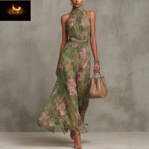 Abito lungo con scollo all'americana e stampa floreale verde / Abito estivo in chiffon di seta, stile boho