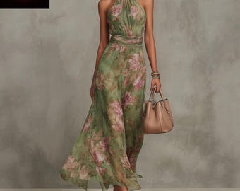 Groene maxi-jurk met halternek bloemen | Zomerjurk van chiffonzijde, bohostijl