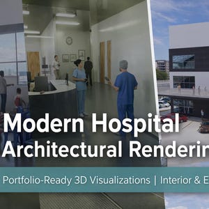 Puede incluir: Representaciones arquitectónicas de un hospital moderno. La imagen muestra vistas interiores y exteriores, con personas en el hospital. El texto de la imagen dice "Modern Hospital Architectural Renderings" y "Portfolio-Ready 3D Visualizations | Interior & Exterior Views."
