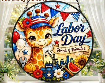 Giraffe Labor Day Suncatcher, Cute Giraffe Window Hanging, Patriotic Labor Day Decor, Summer Farmhouse Window Art, Gift for Giraffe Lover