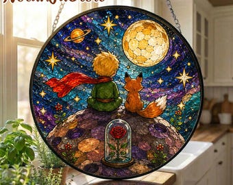 The Little Prince Suncatcher, Stained Glass Effect Window Decor, Fox Rose Galaxy Art, Lover Home Decor Idea