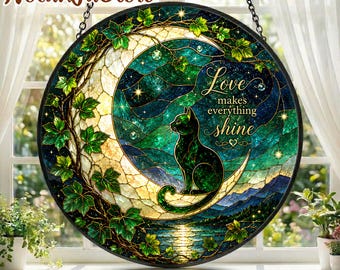 Birthday Gift, Moon Cat Stained Glass Suncatcher, Ivy Botanical Window Hanging, Celestial Prism Light Catcher, Cat Lover Wall Decor