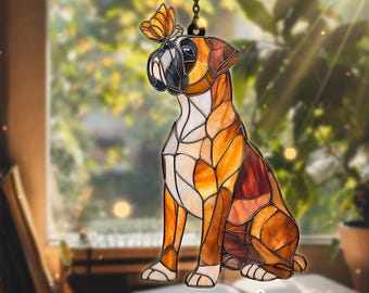 Boxer Dog ACRYLIC Suncatcher, Cute Dog with Butterfly, Mom Gift, Pet Memorial Ornament, Dog Lover Gift, Acrylic Wall Art, NOT GLASS