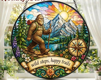 Bigfoot Suncatcher, Sasquatch Hiking Decor, Mountain Window Hanging, Outdoor Adventure Gift, Nature Lover Gift, Rustic Cabin Decor