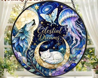 Celestial Cat Suncatcher, Moon and Stars Window Decor, Celestial Dreams Sun Catcher, Mystical Cat Window Hanging, Witchy Home Decor Gift