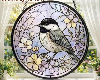 Chickadee Bird Suncatcher, Floral Stained Glass Window Hanging, Bird Lover Gift, Spring Flower Decor, Nature Inspired Sun Catcher