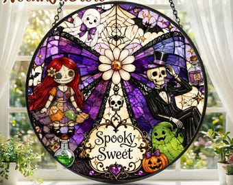 Halloween Suncatcher, Spooky Stained Glass Window Hanging, Gothic Halloween Decor, Skeleton Couple Witchy Window Art, Fall Gift