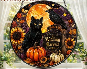 Black Cat Suncatcher, Halloween Window Decor, Witchy Autumn Home Decor, Crow Pumpkin Gift, Gothic Cat Lover Gift, Floral Moon, Cat mom gift