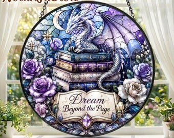Dragon Suncatcher, Fantasy Book Lover Decor, Magical Window Hanging, Purple Rose Stained Glass Style Art