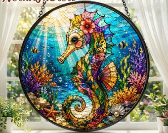 Seahorse Suncatcher, Seahorse Floral Glass Suncatcher Window Hanging, Coastal Ocean Decor, Floral Sea Horse Gift, Beach House Art