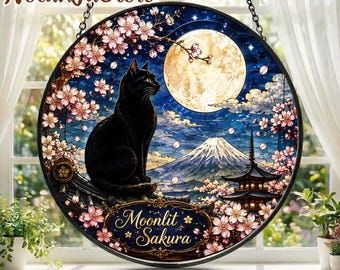 Black Cat Suncatcher, Sakura Moon Window Decor, Japanese Cat Art, Mount Fuji Home Decor, Cat Lover Gift, Floral Moon, Cat mom gift