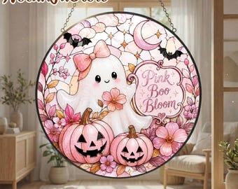 Pink Halloween Suncatcher, Cute Ghost Window Decor, Pink Boo Halloween Decoration, Spooky Window Hanging, Halloween Gift for Her