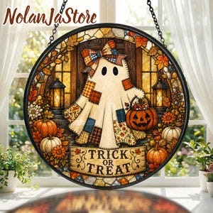 Halloween Ghost Suncatcher, Rustic Fall Stained Glass Style Window Hanging, Patchwork Ghost Pumpkin Decor, Trick or Treat Halloween Gift