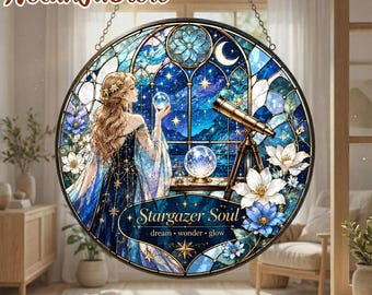 Stargazer Soul Suncatcher, Celestial Stained Glass Suncatcher, Moon and Stars Window Decor, Astrology Gift, Stargazing Room Decor