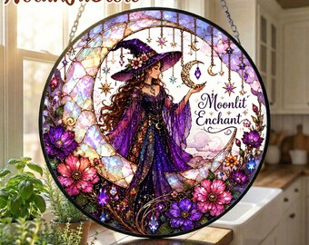 Witch Suncatcher, Moonlit Enchant Stained Glass Suncatcher, Witchy Window Decor, Crystal Moon Decor, Magical Gothic Home Decor